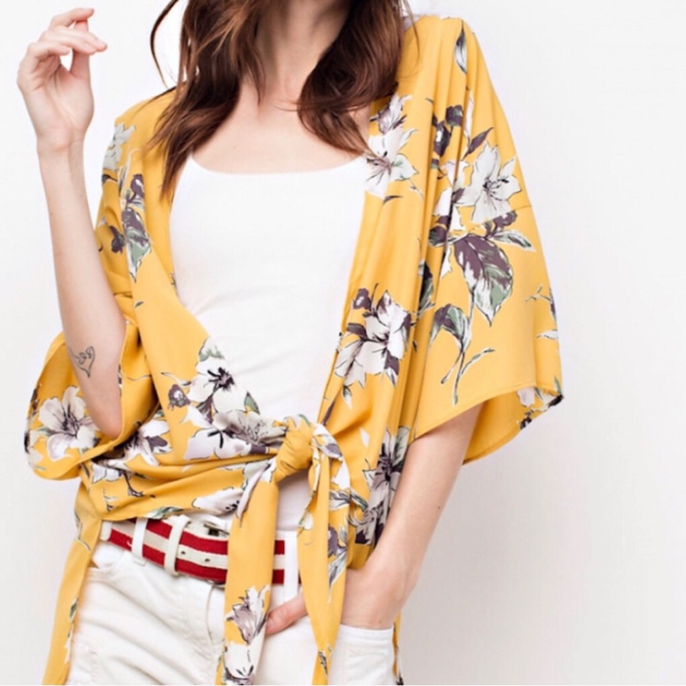 NEW Easel Floral Kimono Topper Gold Yellow Abstract Floral Print Women Sizes NWT - Picture 5 of 14